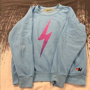 Aviator Nation Blue Sweatshirt with Pink Lightning Bolt